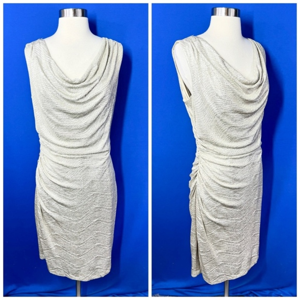👗NWT🤩 |•RONNI NICOLE•| Gorgeous Metallic Cowl Neck Gold Dress 10